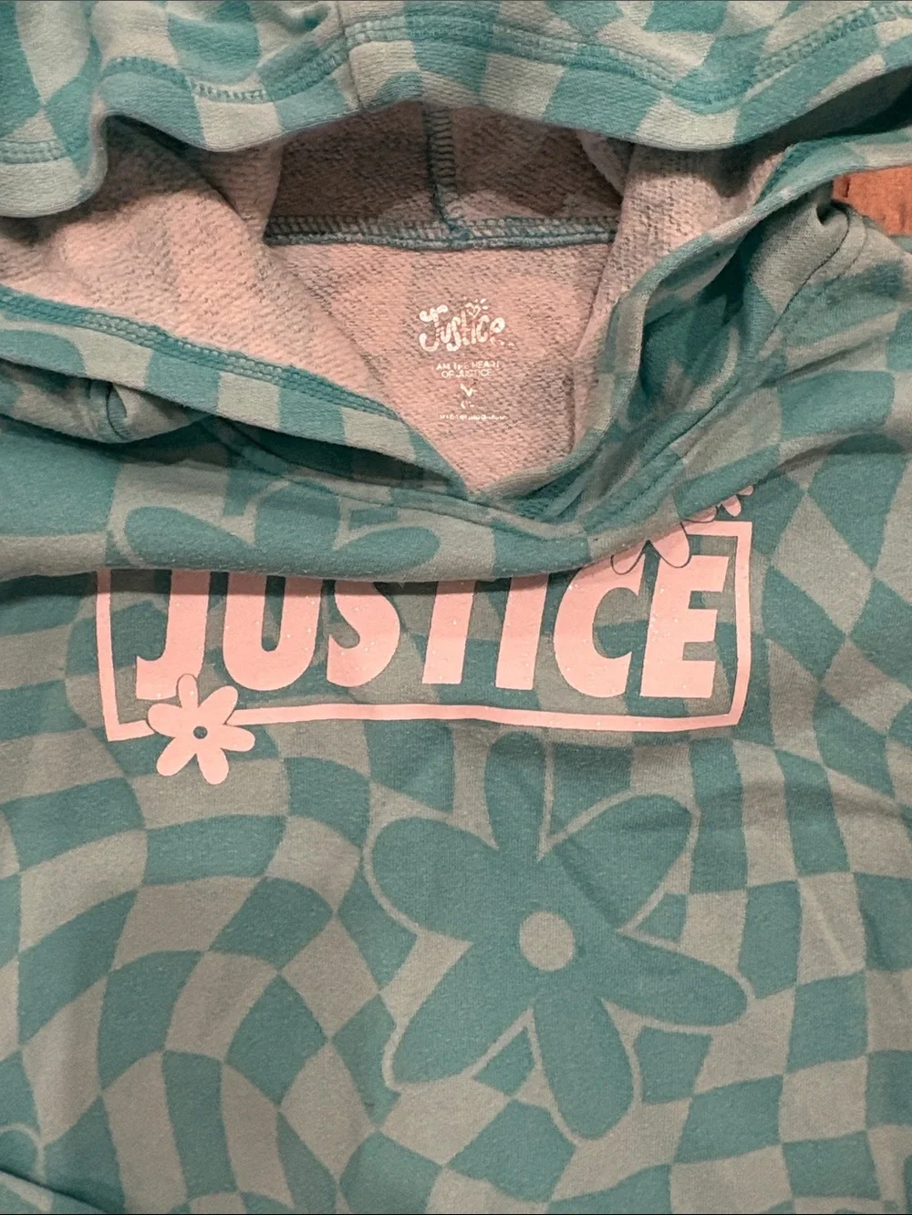 Justice Girls Teal Checkerboard Floral Hoodie & Joggers Set